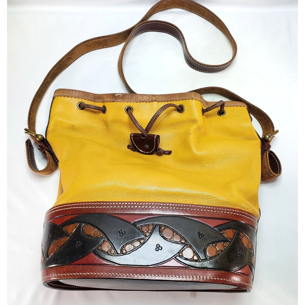 Yellow Leather Hand Tooled Butter Soft Women's Bucket Bag Crossbody Drawstring